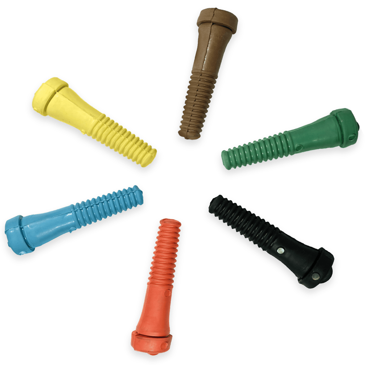 Sechs bunte Gummischrauben, die kreisförmig angeordnet sind